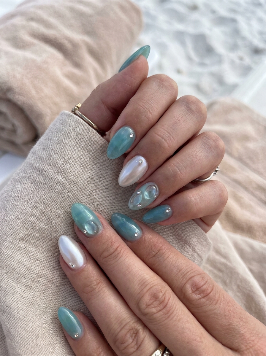 Mermaid Glassteinnägel mit Aqua-Schimmer und kleinen Stein-Details